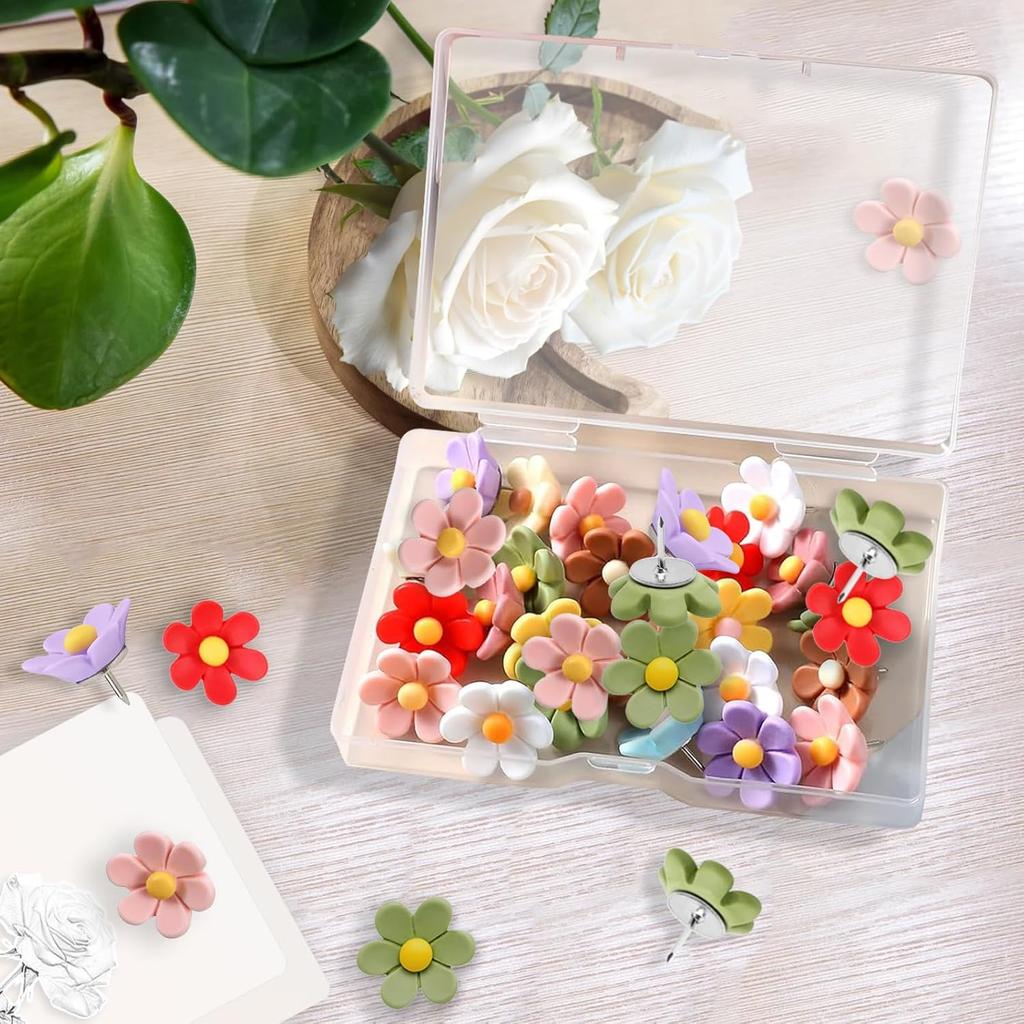 Flower Push P - 50 Pcs Cute Decorative Colorful Floral Thumb Tacks for Cork Board Wall Bulletin Board Travel Map Photo Home Office Supplies