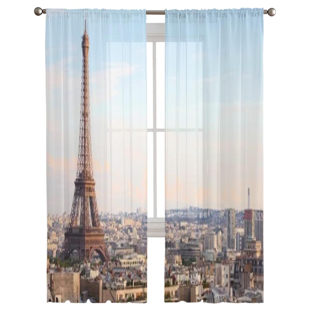 Paris Frankreich Stadtbild mit Eiffelturm Sonnenuntergang Chiffon transparente Vorhänge für Wohnzimmer Schlafzimmer Fenster Voiles Tüll Vorhang