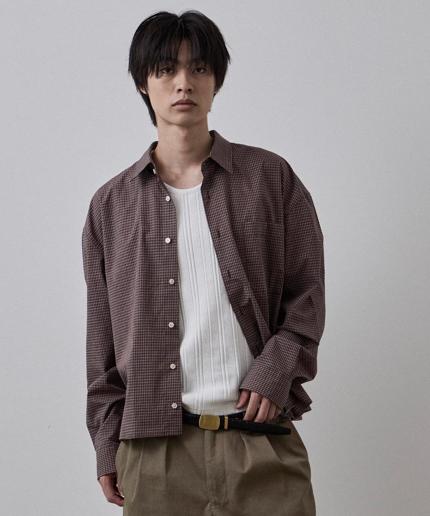 LEARVE Segment Check Cropped Long-Sleeve Shirt Burgundy