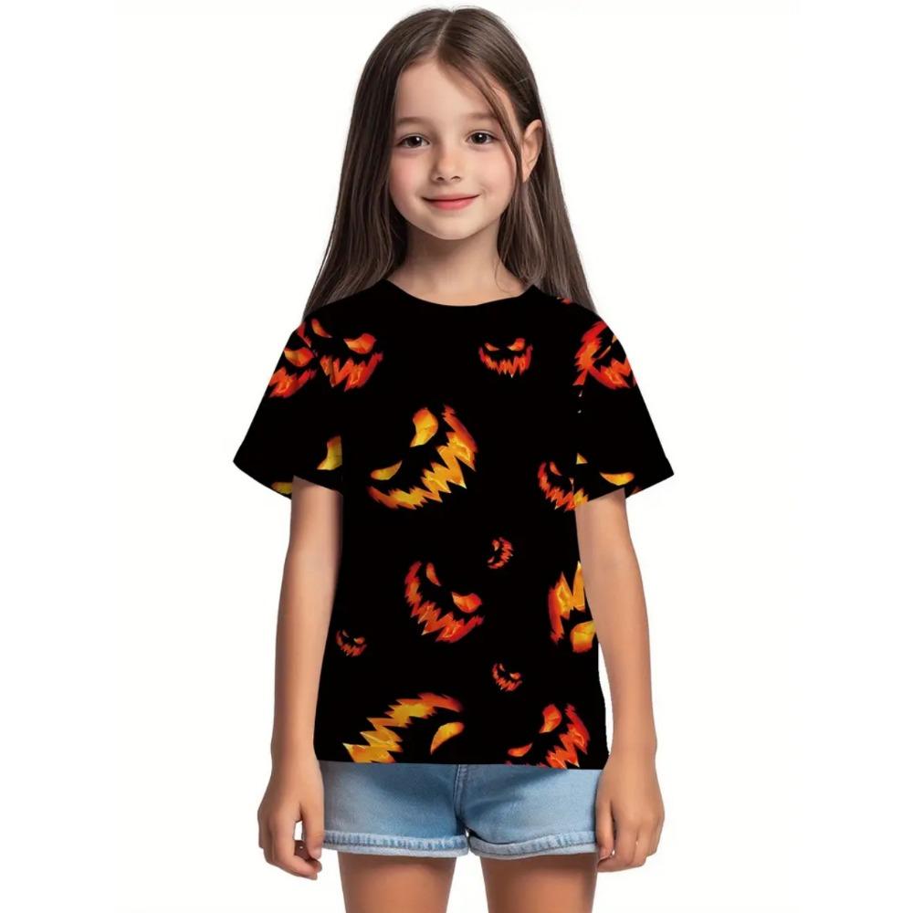 Halloween Girls Cartoon Pumpkin Short Sleeve Leisure Tops 3D Print T-Shirt Exaggerate Horror Party Street Holiday Girl Clothing