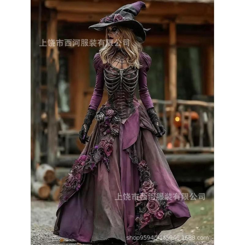 Abito Lungo da Donna con Stampa Sfumata Teschio Rosa Gotico Streetwear di Halloween