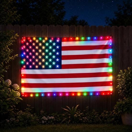 Flaga Amerykańska LED, 3x5 FT Wodoodporna Zewnętrzna Patriotyczna Flaga z Wielokolorowymi Lampkami LED na 4 Lipca, Dzień Pamięci, Dzień Weteranów Dekoracje