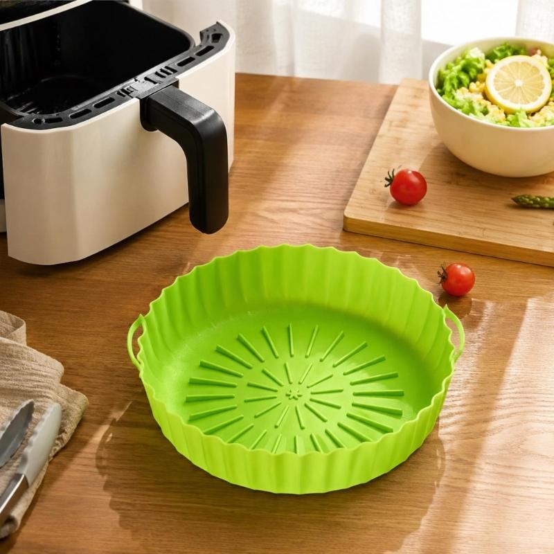 Round and Square Cooking Basket Trays in Reusable Silicone with Grip Handle Design and Crumb Collecting Base Pair