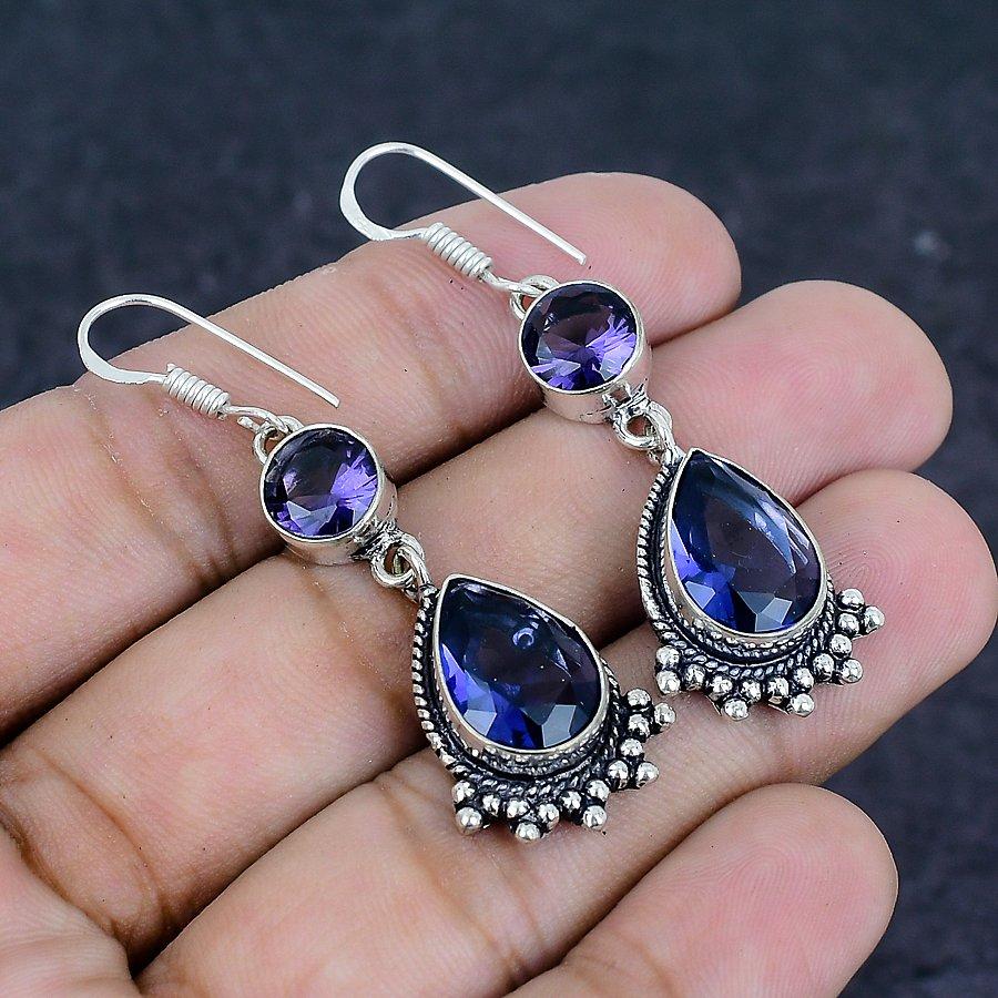 Natural Amethyst Gemstone Handmade 925 Sterling Silver Earring 2.09" T9j77