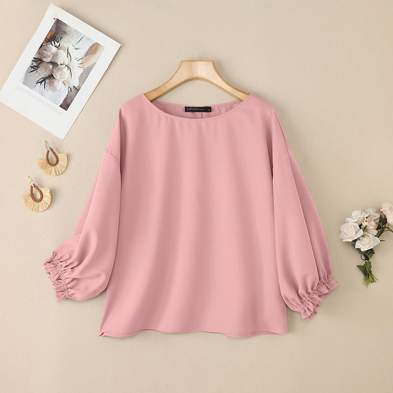 

ZANZEA Женская повседневная однотонная блузка с круглым вырезом и рукавом 3/4 4XL