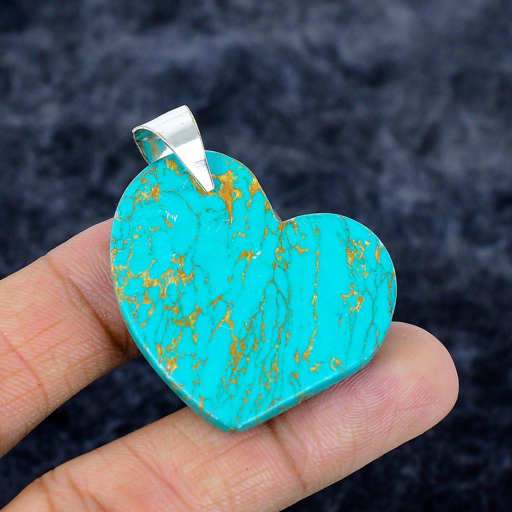 Copper Blue Turquoise Gemstone 925 Sterling Silver Jewelry Pendant 1.77" M-3351