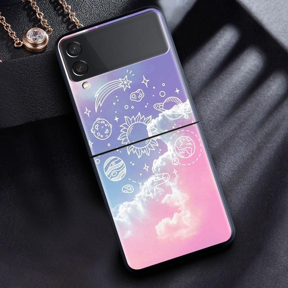 Case For Samsung Galaxy Z Flip 3 4 5G Black Hard PC Phone Housing Z Flip4 Luxury Segmented Cover Cosmic Planet