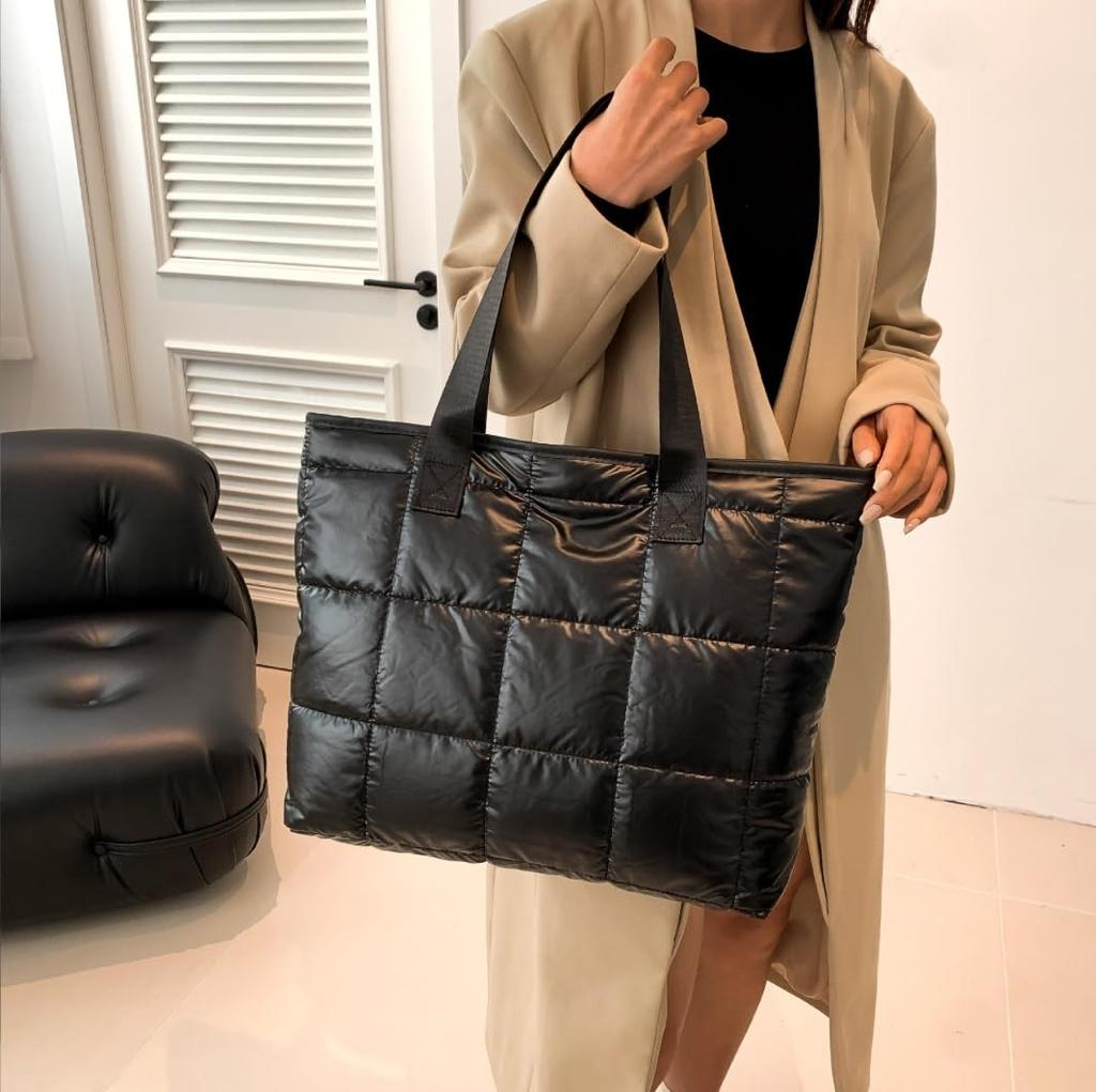 NICE SELECTION Women's Quilted Shoulder Bag, Lightweight, 2-Way Tote Bag, Waterproof and Water-Repellent, Large Capacity (Black, Regular)