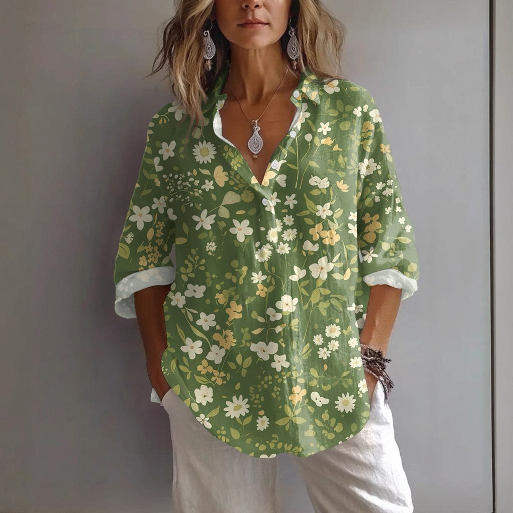 Women's Casual Spring And Summer Loose Printed Casual Sleeved Lapel Pullover Shirt