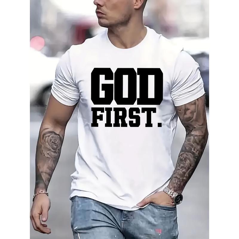 European sizes Men'S "GOD FIRST" Graphic T-Shirt - Bold White Lettering on Black, Casual Round Neck Summer Tee