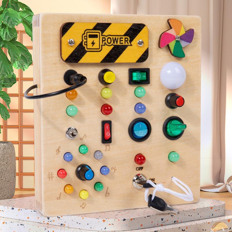 Wooden busy board circuit LED light simulation socket switch unlocking teaching aids life skills cognitive toys