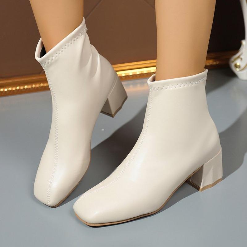 Square head thick heel women's leather boots autumn and winter new zipper small thin boots fashion leather boots