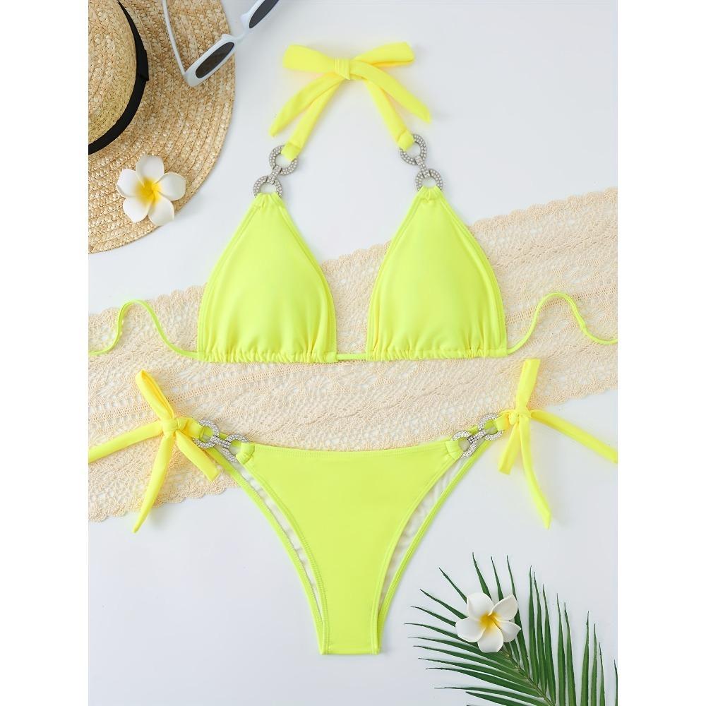 2-teiliges Strass-verziertes Dreieck-Bikini-Set Kettenglied-Neckholder-Bindeband, Funkelnder blauer Glitzer, Badeanzug für Karneval, Musikfestival,