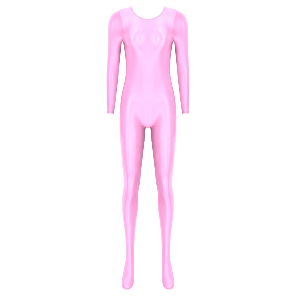 Damen Glatter Langarm Bodystocking Nachtwäsche Einfarbiger Rundhalsausschnitt Body Nachtwäsche