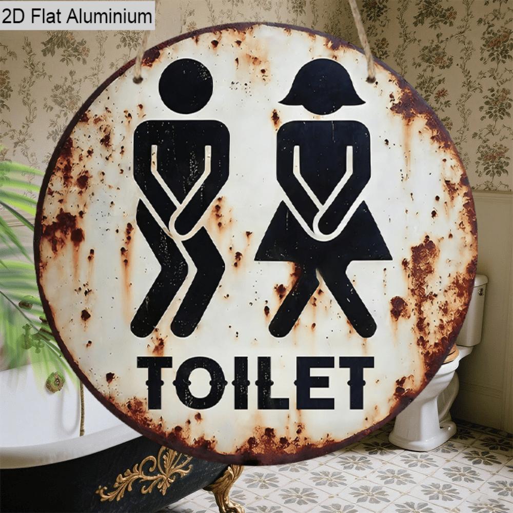 2D Flat Round Vintage Toilet Aluminum Sign, Male & Female Icons Bathroom Wall Decor for Home Office Public Restrooms