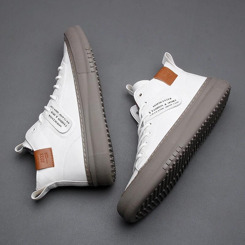 Men's Mid-top Sports and Casual Shoes Men's Boots Winter Warm Leather Shoes Versatile White Sneakers Ankle Boots High Top Shoes
