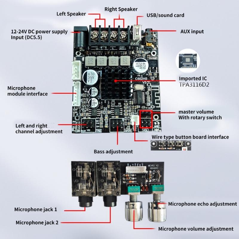 2.0Channel 50W+50W Power Amplifier Board Wirelessly Microphone and Sound Module
