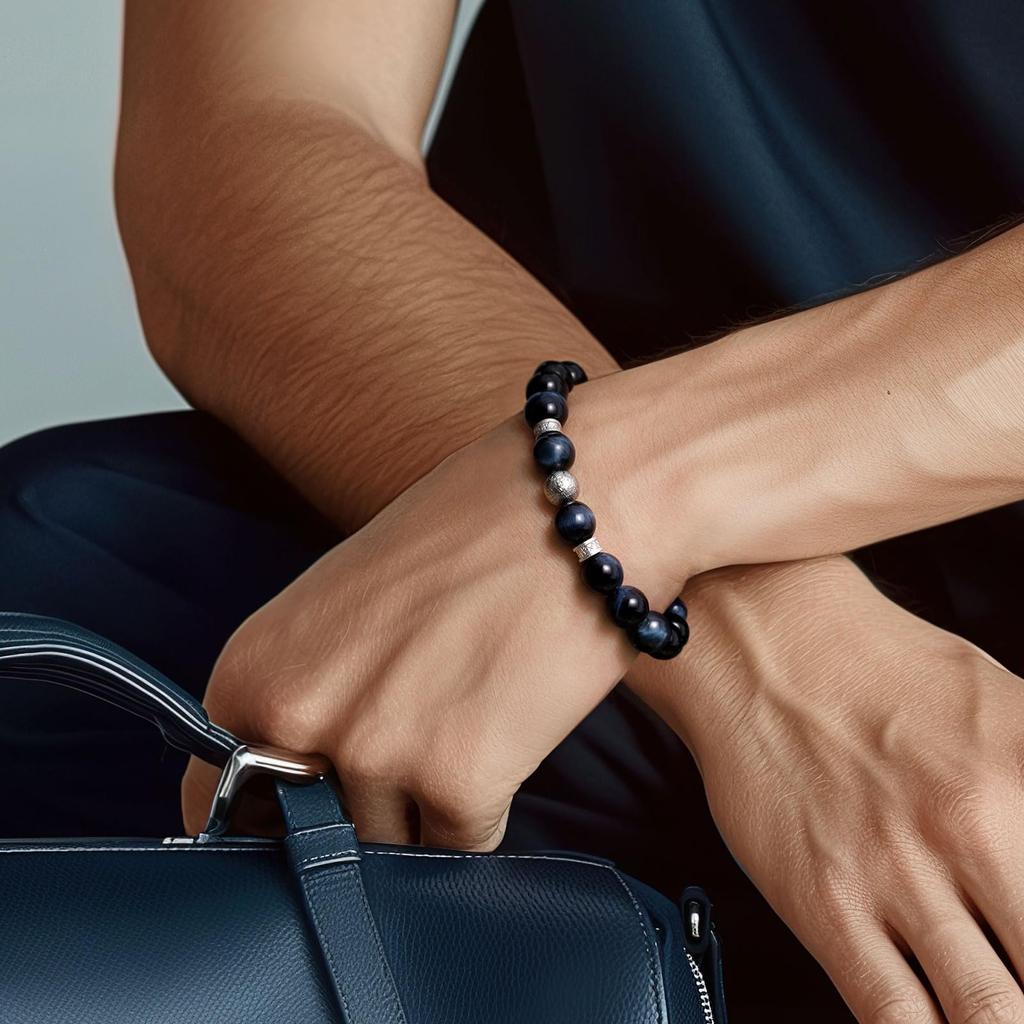 Swedish Meteorite Bead Bracelet Sterling Silver with Rune Charm and Eye Gift for [AWNL] Men's - Hawk's Stone, Him, 14cm-15cm