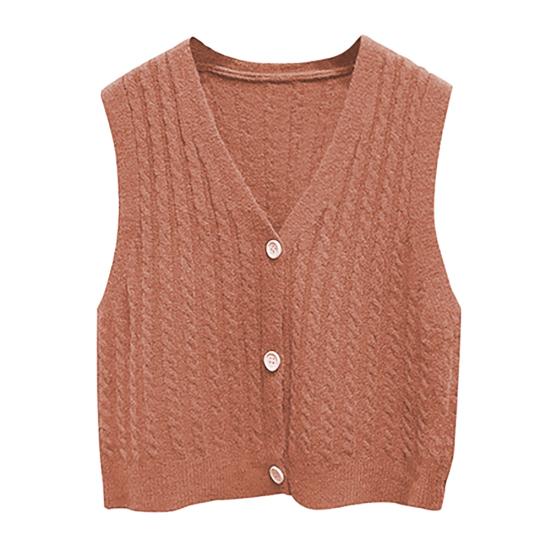 Women Solid Color V Neck Single-breasted Braid Knitted Cardigan Waistcoat Vest