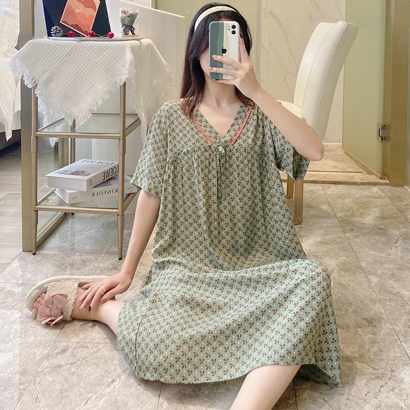 Sweet Summer V-Neck Cotton Rayon Nightgown - Loose-Fit, Short-Sleeved