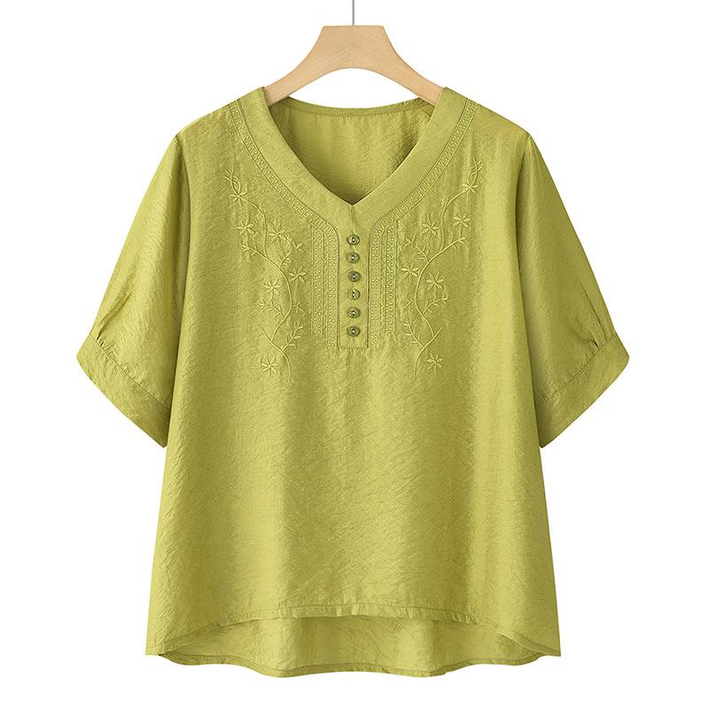 Linen Silk Embroidered Short Sleeve Women's T-Shirt Set New Summer Style Two-Piece Suit for Middle-Aged Mothers