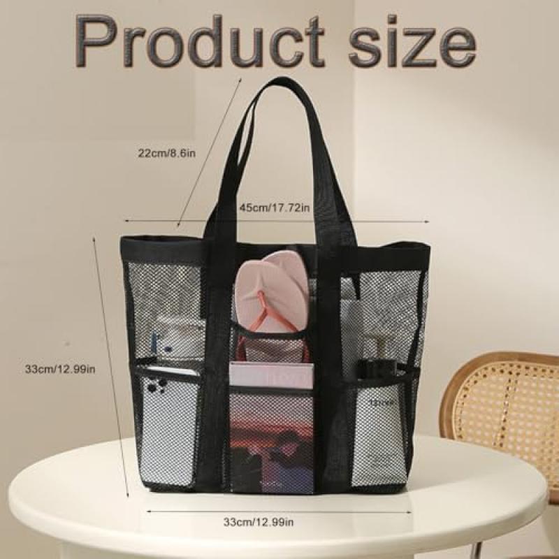 FaJoek Große Netz-Strandtasche Faltbare Strandtasche für Damen, Sandspielzeug-Netzbeutel Tragbarer Netz-Strandspielzeug-Träger