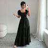European and American style French square neck dress for women, bubble sleeves closed waist and thin layered large pendulum long A-shaped skirt