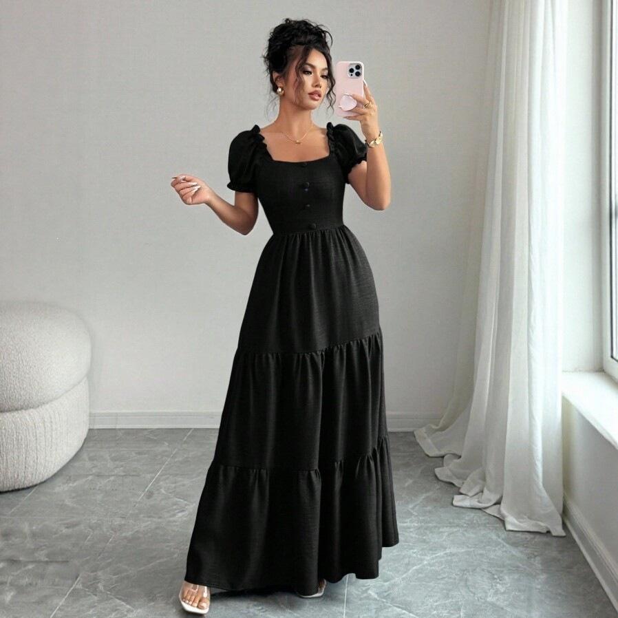 European and American style French square neck dress for women, bubble sleeves closed waist and thin layered large pendulum long A-shaped skirt