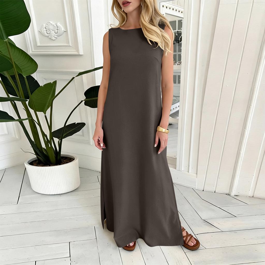 Women's Fashion Round Neck Sleeveless Colour Casual Resort Maxi Dress With Split Hem In Cotton,Linen Blend