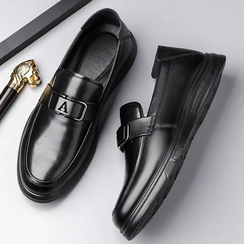 British Cowhide Casual Loafers for Men Spring Autumn Soft-soled Business Men's Dress Shoes Fashion Black Leather Shoes Male