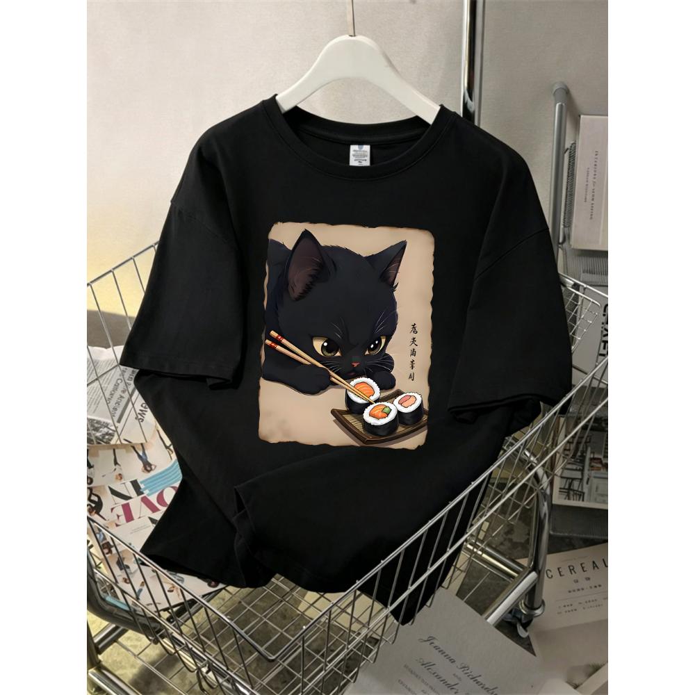Cute Cat Enjoying Sushi Printing T-Shirts Womens Cotton Summer Oversized Tops O-Neck Short Sleeve T Shirts Street Soft Clothes