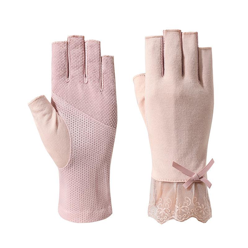 Women’s Lace UV Protection Gloves, Breathable Stretch Cotton Gloves, Anti-Slip Half Finger Gloves for Driving Riding Outdoor