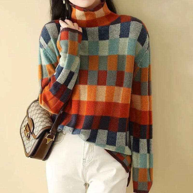 

Свитер для женщин Осень Зима Утепленный Пуловер Теплый Цветной Водолазка Длинный рукав Вязаный свитер Эластичный Длинный рукав Оверсайз r Топы M разноцветный