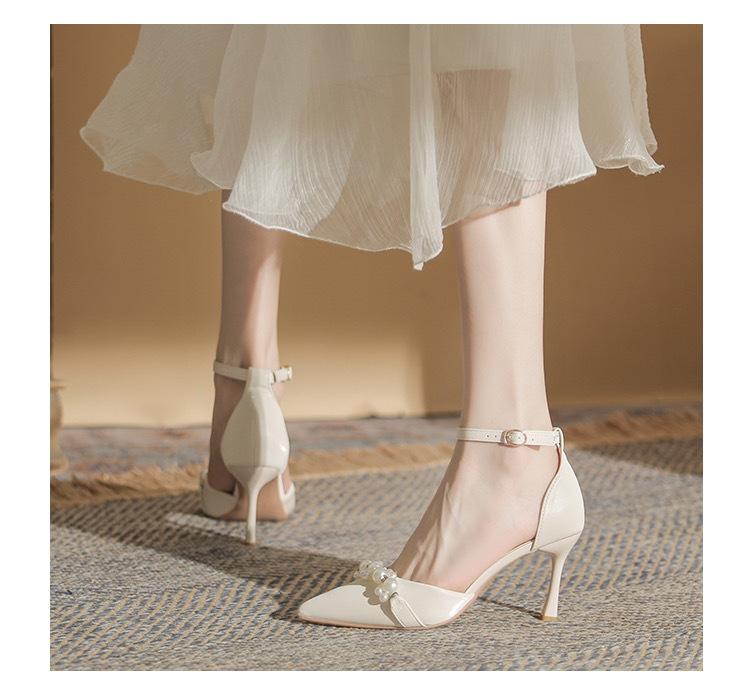 

Pearl evening breeze gentle high heels with skirt 2024 spring and autumn new hollow pointed one-word buckle high heels women 39
