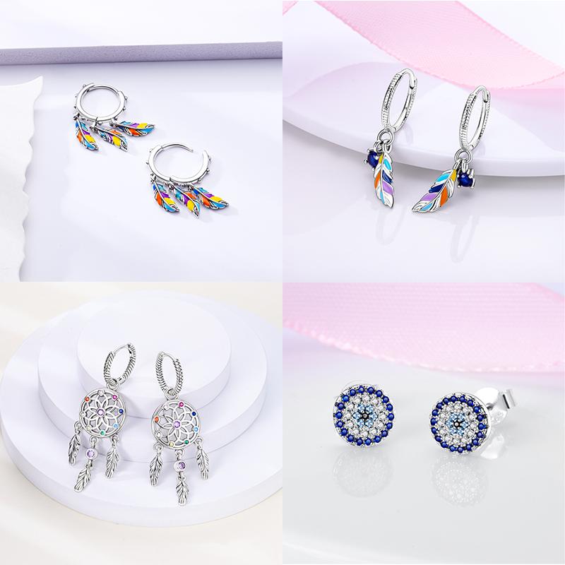 Real 925 Silver Palm Devil's Eye Feather Dream Catcher Design Luxury Earrings Fit For Engagement Fine Jewelry Gifts