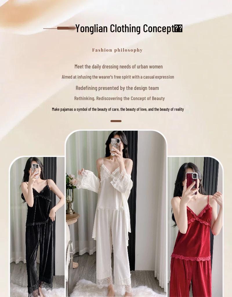 Golden Velvet Lace Nightwear Set: Sexy Camisole, Long Pants, and Robe with Breast Pads for Autumn/Winter Comfort.