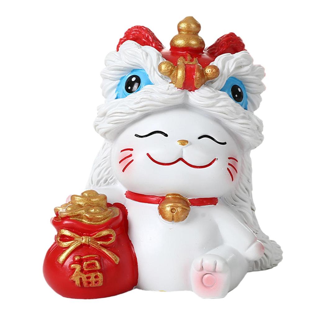 Lucky Cat Figurine Resin Decorative Animal Sculpture Miniature Things Shelf Ornament for Home Office Car Dashboard