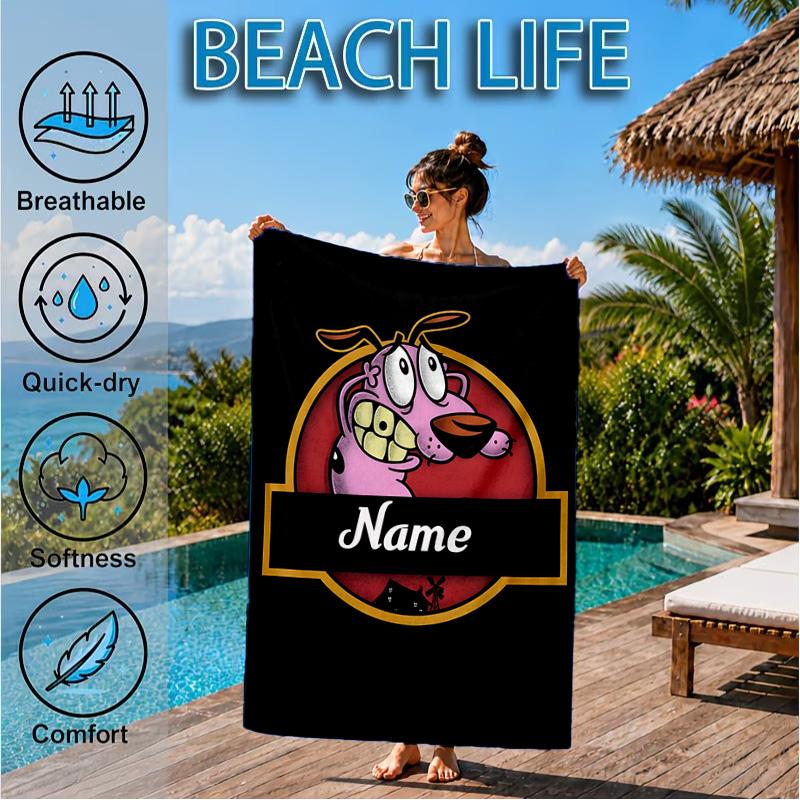 Custom Name Cowardly Dog Adventure Beach Towel Microfiber Beach Towel, Lightweight and Quick-Dry, for Summer Travel, Swimming Pool Gift