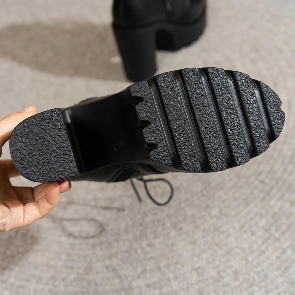 Women Lace Up Double Buckle High Heel Ankle Boots Black Platform Fashion Comfortable Shoes