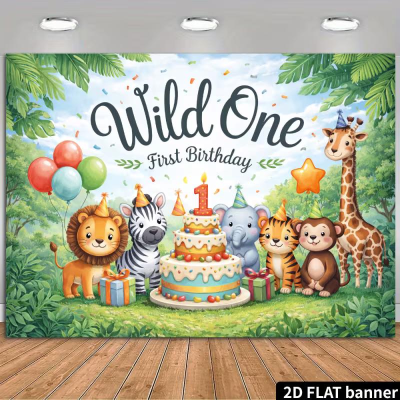 

2D Jungle Wild One 1st Birthday Backdrop - Lion Tiger & Elephant Banner for Baby First Birthday Photoshoot 47.2x31.5inch/120*80cm