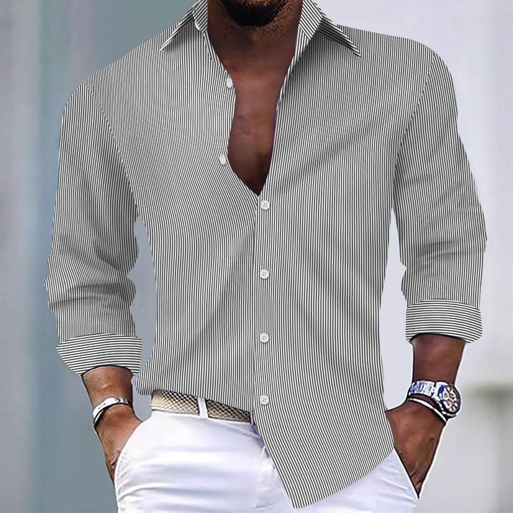Camicia casual da uomo a righe con revers a maniche lunghe