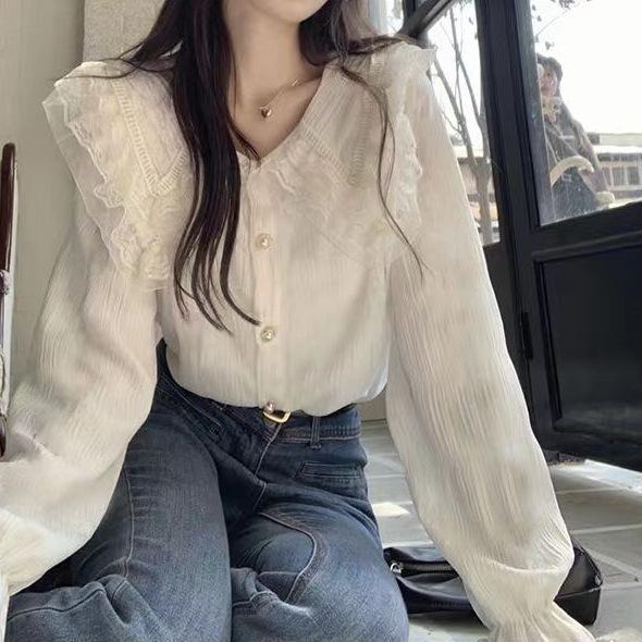 

Женская рубашка с кружевным воротником и длинными рукавами, модная и шикарная, красивая XXL белый