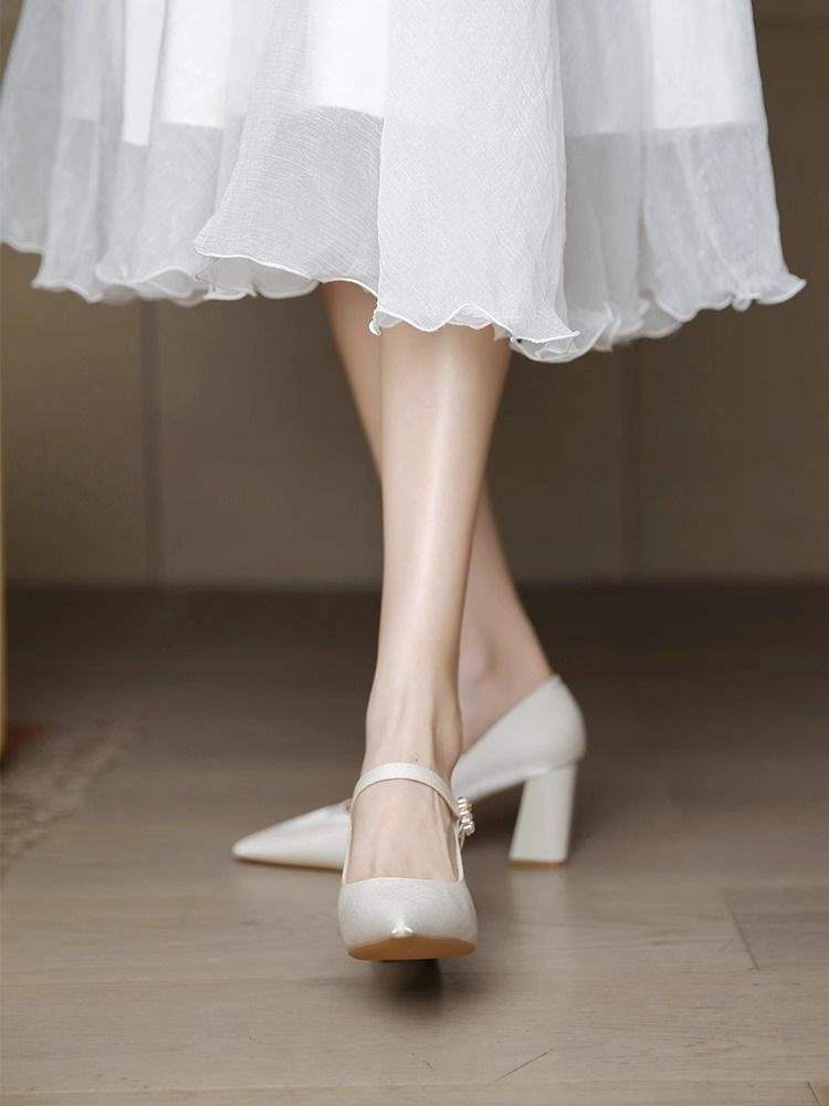 French High Heels Women's Thick Heel 2025 New Beige Mary Jane Bridesmaid Shoes Daily Wear Bridal Shoes Wedding Shoes
