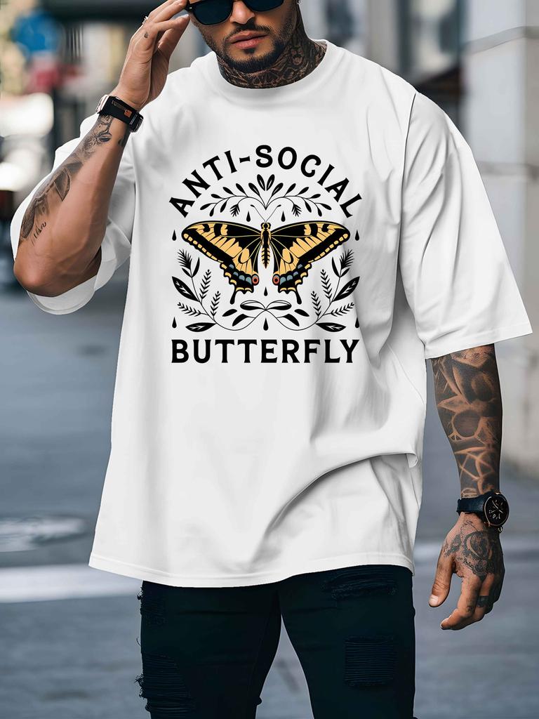 Unisex White Tee Anti Social Butterfly Vintage Insect Graphic Print Crew Neck Short Sleeve Summer Casual Male Cotton Street Top