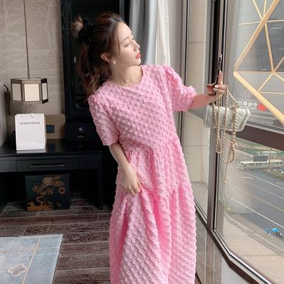 Women's Romantic Age-reducing Sweet Pink Bubble Plaid Girly Slim Round Neck Pullover Three-dimensional Salt Shrink Dress