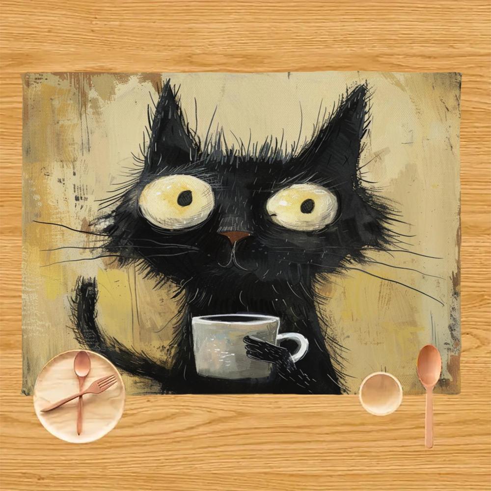 Black Cat Pattern Placemat Linen Fabric Table Mats Family Dinner Tableware Kitchen Table Mat 30X40cm