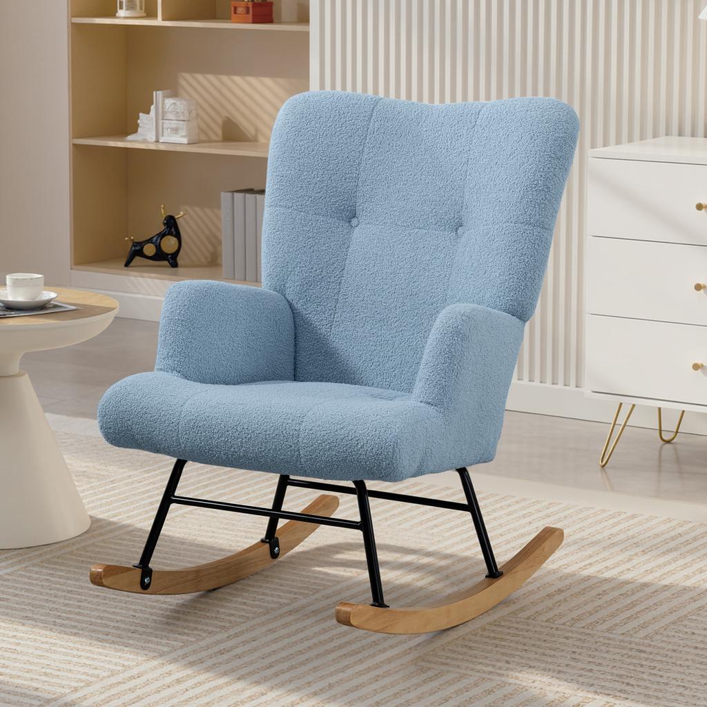 Velvet Teddy Rocking Chair With High Back Rubber Wood Legs Light Blue Armrests