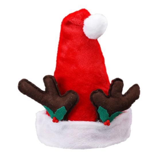 Christmas Hat with Deer Antler Red Short Plush Santa Hat with Pompom Holiday Costume Accessory for Christmas Party Supplies Photo Props