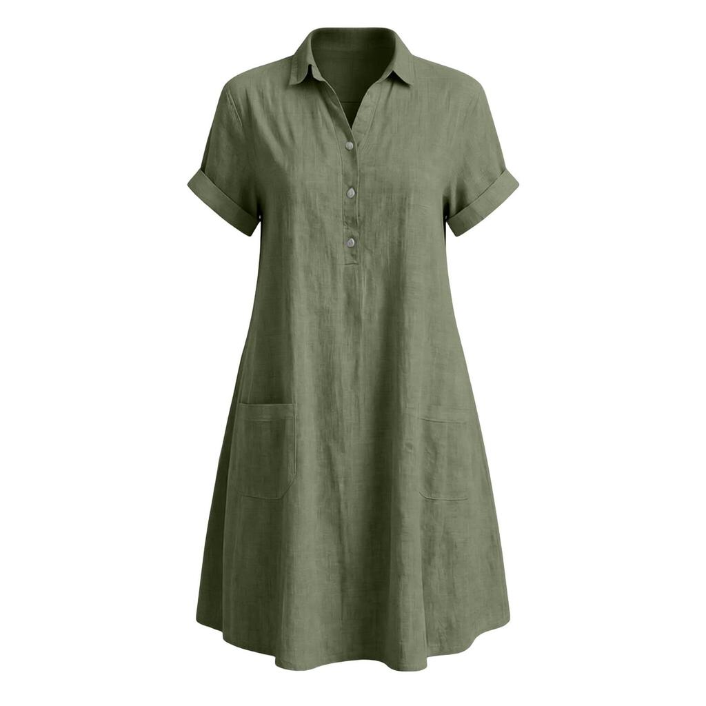 Women Casual Loose Fit Short Sleeve Dress with Lapel Collar Button Front and Pockets Comfortable Summer Dress