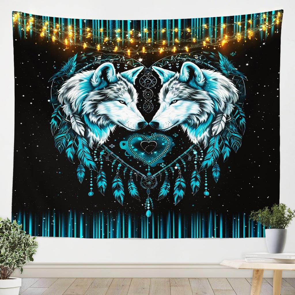 Wilder Wolf Kinder Wandteppich Sonne Mond Traumfänger Boho Wandteppiche Jungen Mädchen Zimmer Deko Wildtier Jagd Abenteuer Rustikal